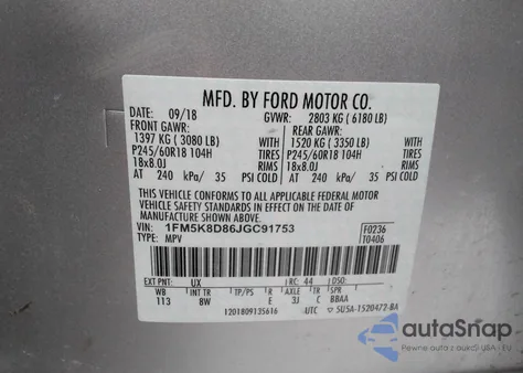 2018 Ford Explorer Xlt z USA, uszkodzony, nr VIN 1FM5K8D86JGC91753